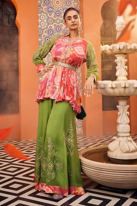 SSHILPA SAMRIYA Multi Color Kurta Chinnon Chiffon Printed Floral V-neck Abstract With Sharara