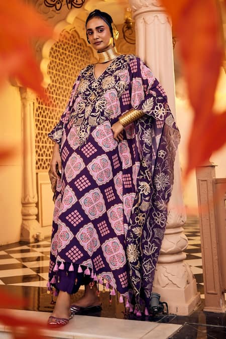 Shop Sshilpa Samriya Purple Crepe Sequins, Beads V-neck Geometric Print Kaftan With Pant Online at Aza Fashions Shop_Sshilpa Samriya_Purple Crepe Sequins, Beads V-neck Geometric Print Kaftan With Pant_Online_at_Aza_Fashions