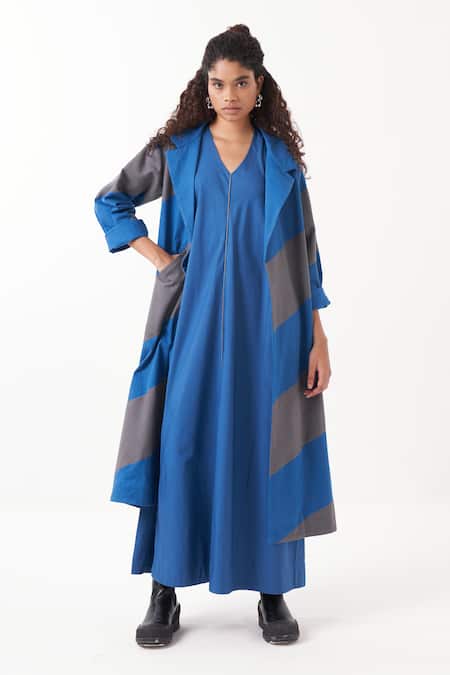 Three Blue Poplin Solid V Neck Elasticated Armhole Detail Maxi Dress 