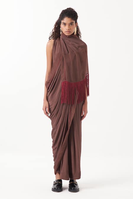 Three Brown Crepe Embellished Fringe Wrap Neck Detail Draped Jumpsuit Online at Aza Fashions Three_Brown Crepe Embellished Fringe Wrap Neck Detail Draped Jumpsuit _Online_at_Aza_Fashions