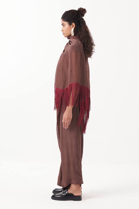 Buy Three Brown Crepe Embellished Fringe Wrap Neck Detail Draped Jumpsuit Online at Aza Fashions Buy_Three_Brown Crepe Embellished Fringe Wrap Neck Detail Draped Jumpsuit _Online_at_Aza_Fashions