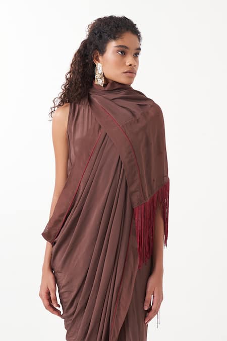 Shop Three Brown Crepe Embellished Fringe Wrap Neck Detail Draped Jumpsuit Online at Aza Fashions Shop_Three_Brown Crepe Embellished Fringe Wrap Neck Detail Draped Jumpsuit _Online_at_Aza_Fashions