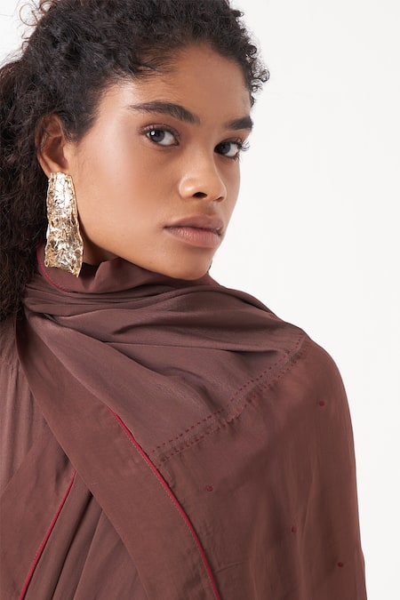 Three Brown Crepe Embellished Fringe Wrap Neck Detail Draped Jumpsuit at Aza Fashions Three_Brown Crepe Embellished Fringe Wrap Neck Detail Draped Jumpsuit _at_Aza_Fashions