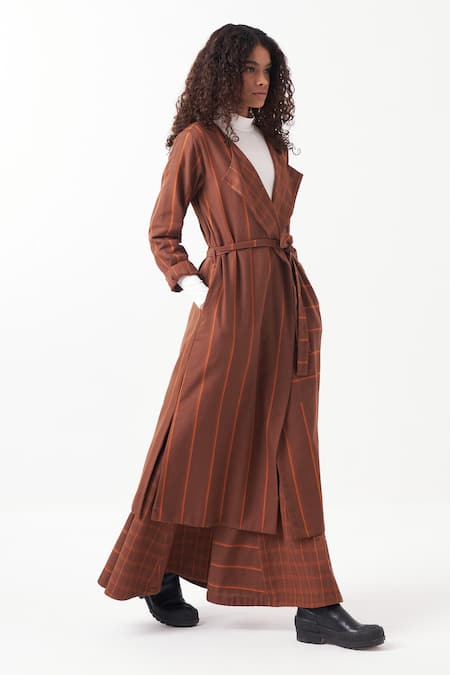 Three_Brown Melange Print Stripes And Checkered Wide Lapel Collar & Reversible Jacket _Online_at_Aza_Fashions