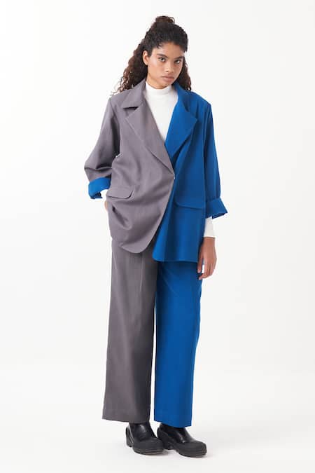 Buy_Three_Blue Melange Colorblocked Lapel Collar Jacket _Online_at_Aza_Fashions