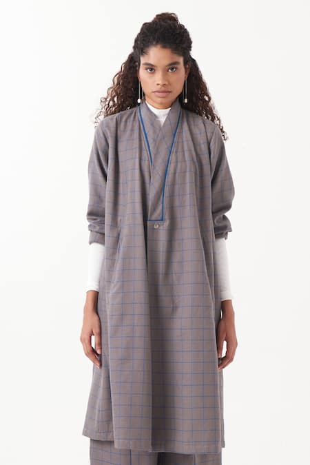 Three_Grey Melange Print Checkered Wrap Collar Overlay Jacket _Online_at_Aza_Fashions