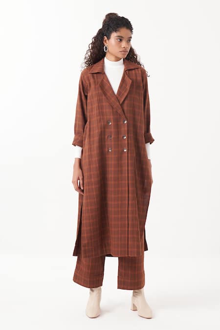 Three Brown Melange Print Checkered Notched Collar Overlapped Trench Jacket
