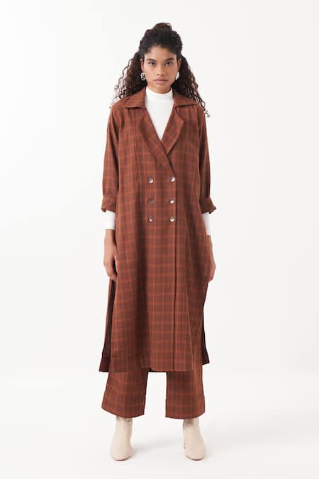 Three_Brown Melange Print Checkered Notched Collar Overlapped Trench Jacket _Online_at_Aza_Fashions