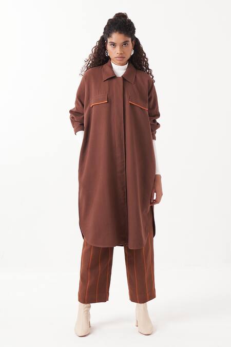 Three Brown Melange Collar Neck Flap Detail U Hem Reversible Jacket 