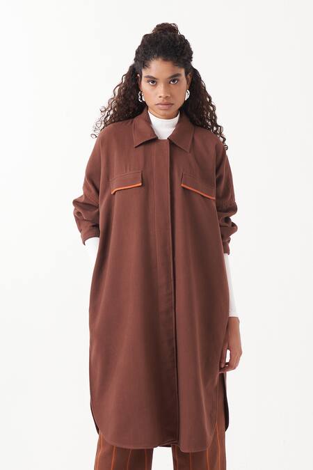 Three_Brown Melange Collar Neck Flap Detail U Hem Reversible Jacket _Online_at_Aza_Fashions