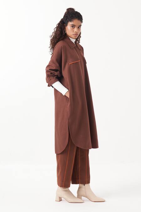 Buy_Three_Brown Melange Collar Neck Flap Detail U Hem Reversible Jacket _Online_at_Aza_Fashions