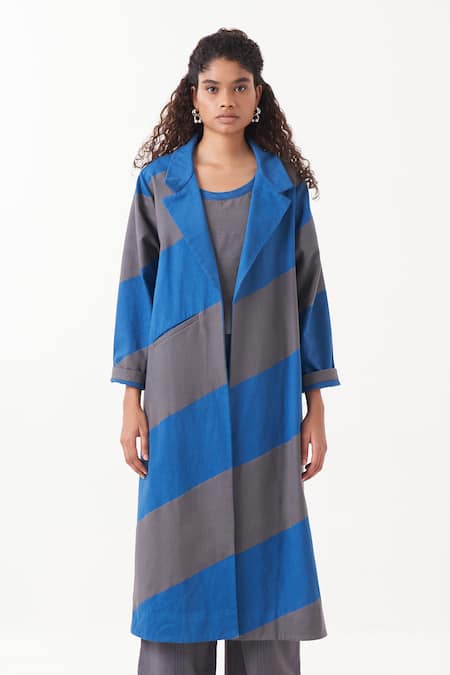 Buy_Three_Blue Twill Applique Diagonal Striped Wide Lapel Collar Jacket _Online_at_Aza_Fashions