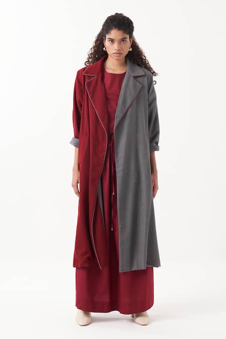 Three Grey Wool Colorblocked Notched Collar Trench Jacket Online at Aza Fashions Three_Grey Wool Colorblocked Notched Collar Trench Jacket _Online_at_Aza_Fashions