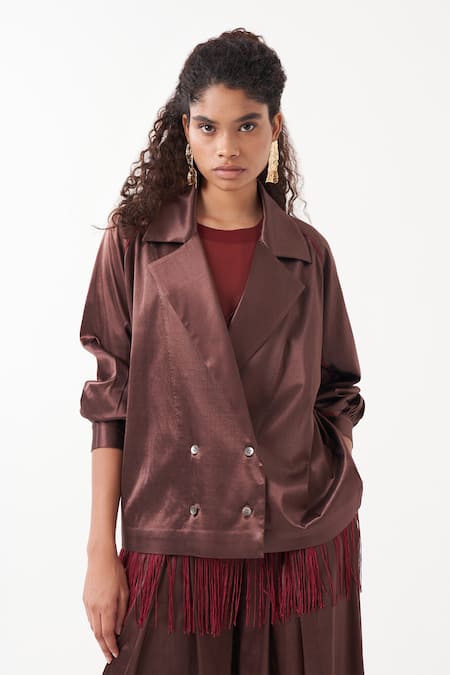 Three_Brown Satin Lycra Lapel Collar Gathered Sleeves Jacket _Online_at_Aza_Fashions