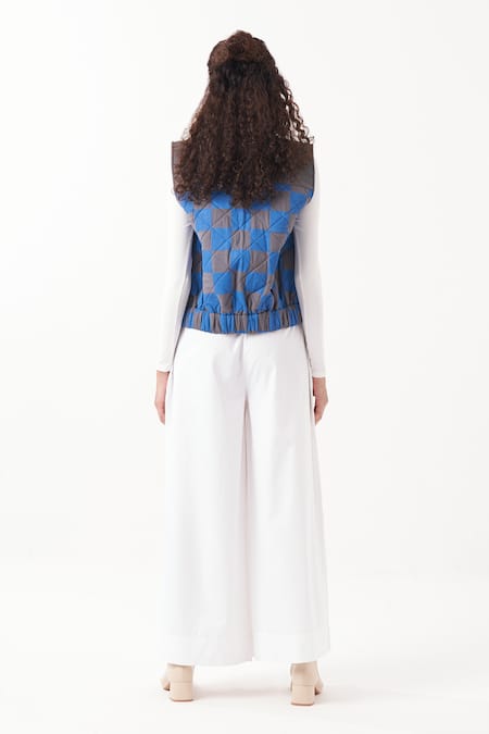 Shop_Three_Blue Twill Quilted High Neck Checkered Jacket _at_Aza_Fashions