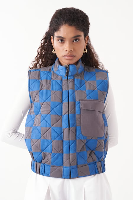 Buy_Three_Blue Twill Quilted High Neck Checkered Jacket _Online_at_Aza_Fashions