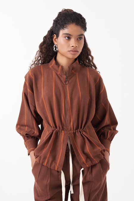Shop Three Brown Melange Print Striped High Neck Zipper Detail Top at Aza Fashions Shop_Three_Brown Melange Print Striped High Neck Zipper Detail Top _at_Aza_Fashions