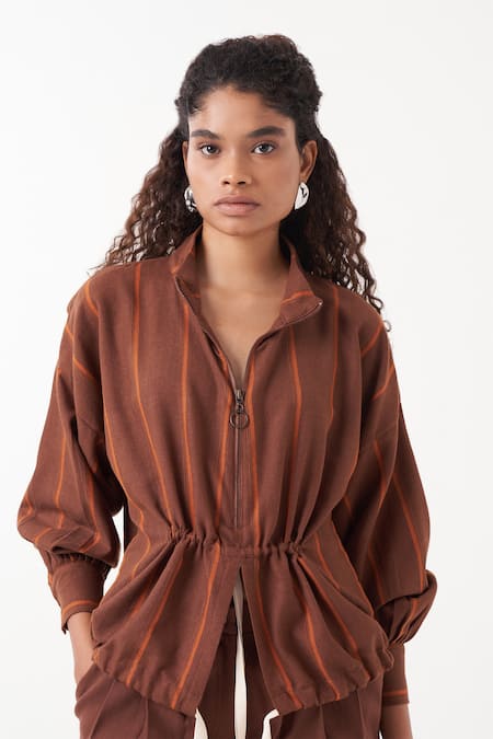 Three Brown Melange Print Striped High Neck Zipper Detail Top Online at Aza Fashions Three_Brown Melange Print Striped High Neck Zipper Detail Top _Online_at_Aza_Fashions