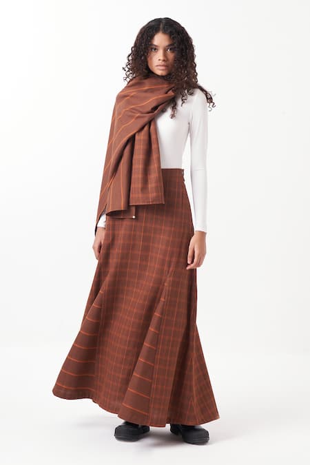 Shop Three Brown Melange Print Checkered Long Skirt at Aza Fashions Shop_Three_Brown Melange Print Checkered Long Skirt _at_Aza_Fashions