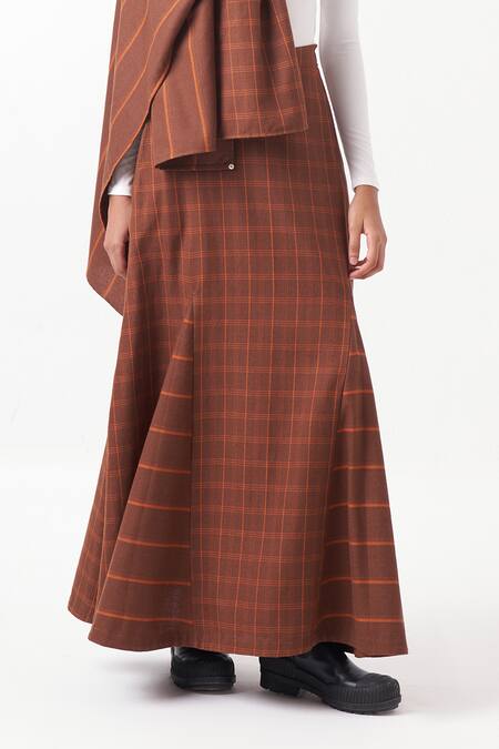 Three Brown Melange Print Checkered Long Skirt Online at Aza Fashions Three_Brown Melange Print Checkered Long Skirt _Online_at_Aza_Fashions