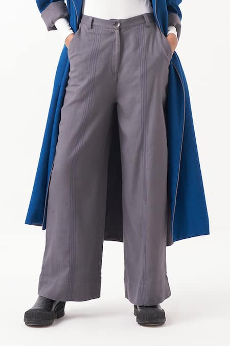 Three_Grey Melange Embroidery Stitchline Work Detail Pant _Online_at_Aza_Fashions