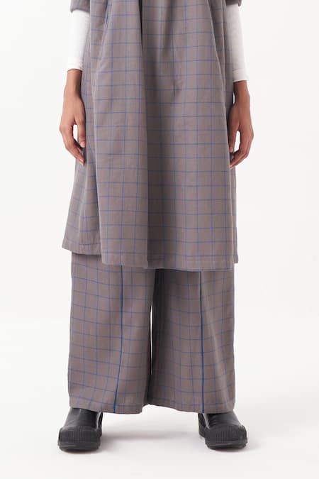 Three_Grey Melange Print Checkered Flared Pant _Online_at_Aza_Fashions