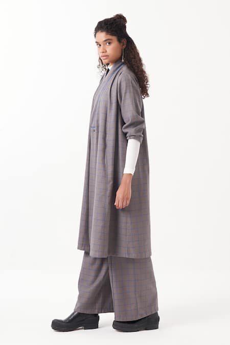 Shop_Three_Grey Melange Print Checkered Flared Pant _Online_at_Aza_Fashions