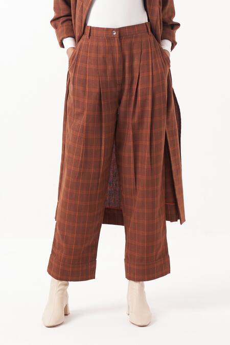 Three Brown Melange Print Checkered Three Pleat Pant Online at Aza Fashions Three_Brown Melange Print Checkered Three Pleat Pant _Online_at_Aza_Fashions