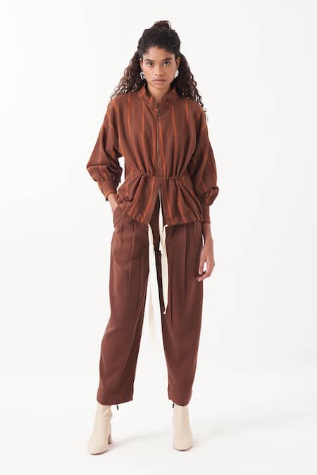 Three Brown Melange Solid Three Pleat Pant 