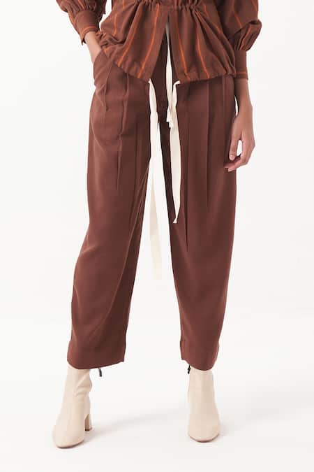 Three_Brown Melange Solid Three Pleat Pant _Online_at_Aza_Fashions