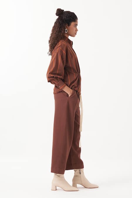 Buy_Three_Brown Melange Solid Three Pleat Pant _Online_at_Aza_Fashions