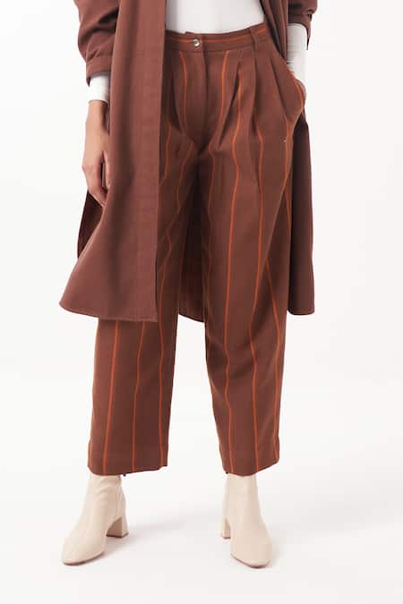 Three_Brown Melange Print Striped Three Pleat Pant _Online_at_Aza_Fashions