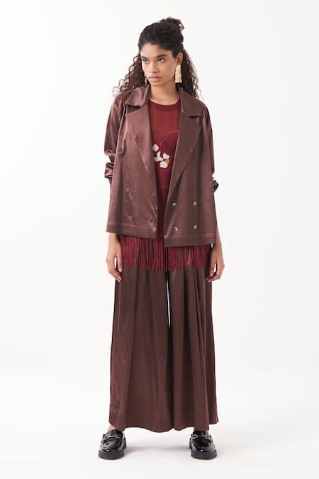 Three Brown Satin Lycra Solid Inverted Box Pleated Flared Pant 