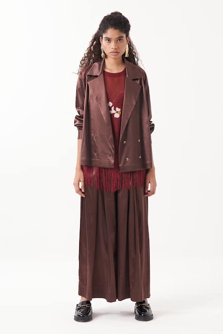 Three_Brown Satin Lycra Solid Inverted Box Pleated Flared Pant _Online_at_Aza_Fashions