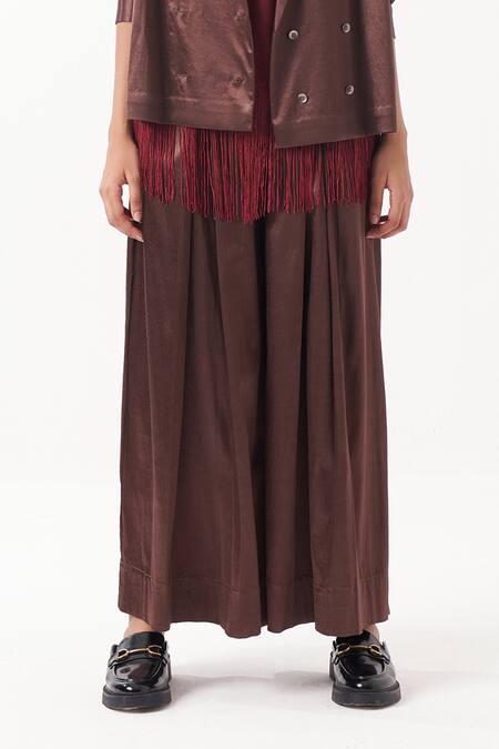 Buy_Three_Brown Satin Lycra Solid Inverted Box Pleated Flared Pant _Online_at_Aza_Fashions