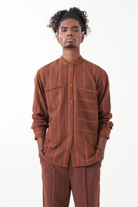 Three_Brown Melange Stripes Pattern Shirt With Pant _at_Aza_Fashions