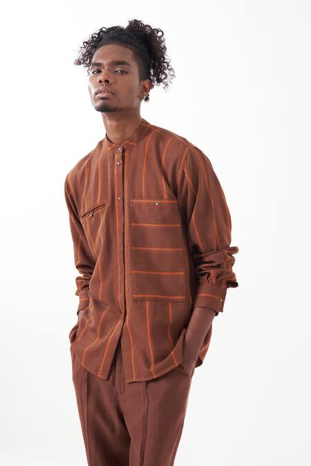 Buy_Three_Brown Melange Stripes Pattern Shirt With Pant 