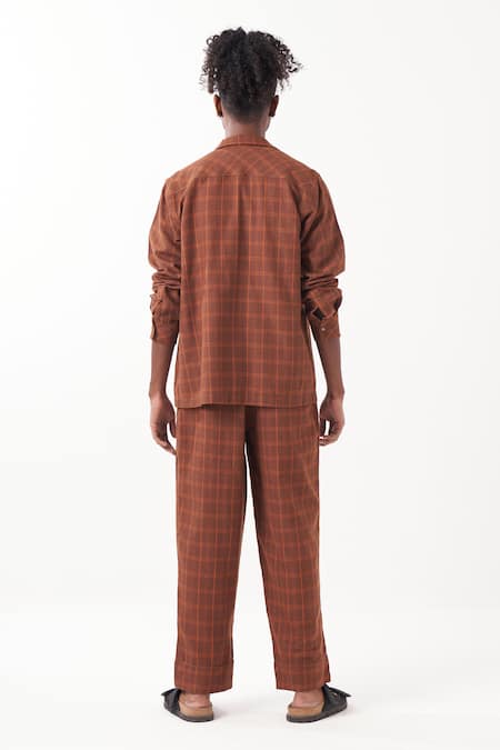 Shop Three Brown Melange Checkered Pattern Shacket With Pant at Aza Fashions Shop_Three_Brown Melange Checkered Pattern Shacket With Pant _at_Aza_Fashions