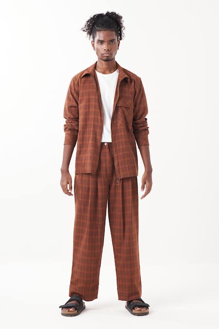 Three Brown Melange Checkered Pattern Shacket With Pant Online at Aza Fashions Three_Brown Melange Checkered Pattern Shacket With Pant _Online_at_Aza_Fashions