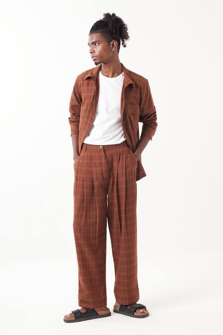Buy Three Brown Melange Checkered Pattern Shacket With Pant Online at Aza Fashions Buy_Three_Brown Melange Checkered Pattern Shacket With Pant _Online_at_Aza_Fashions