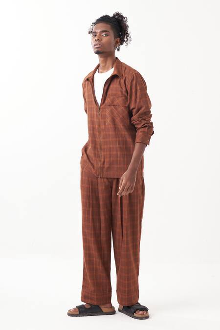 Three_Brown Melange Checkered Pattern Shacket Pant Set _at_Aza_Fashions
