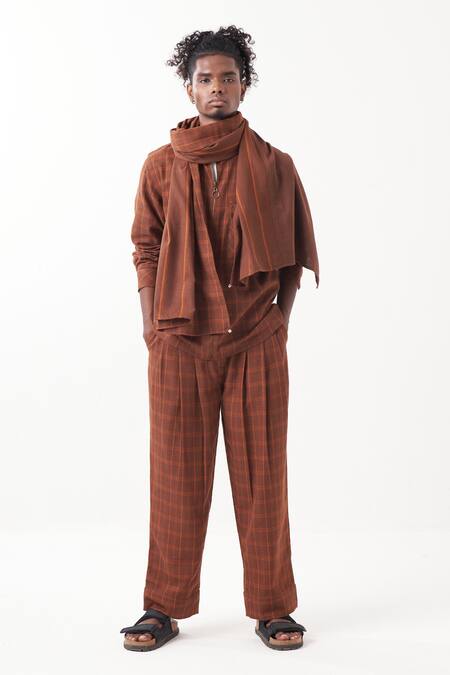 Shop_Three_Brown Melange Checkered Pattern Shacket Pant Set 