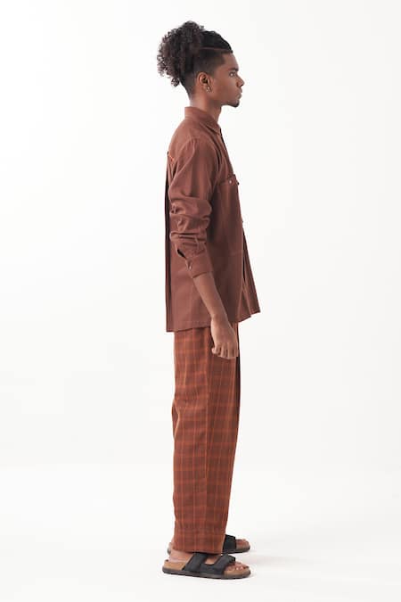 Three_Brown Melange Solid Checkered Shirt With Pant _Online_at_Aza_Fashions