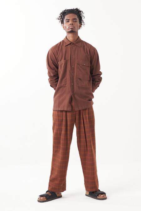 Buy_Three_Brown Melange Solid Checkered Shirt With Pant _Online_at_Aza_Fashions