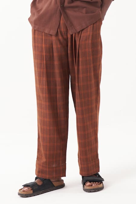 Shop_Three_Brown Melange Solid Checkered Shirt With Pant _Online_at_Aza_Fashions