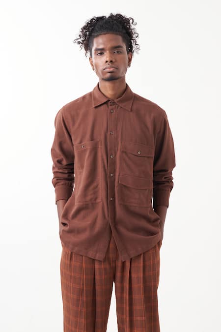 Three_Brown Melange Solid Checkered Shirt With Pant _at_Aza_Fashions