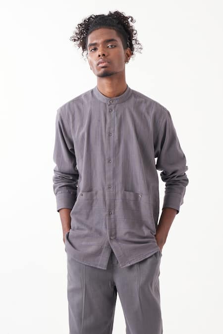 Shop Three Grey Melange Embroidered Stripes Linear Shirt With Pant Online at Aza Fashions Shop_Three_Grey Melange Embroidered Stripes Linear Shirt With Pant _Online_at_Aza_Fashions