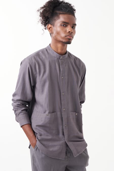Three Grey Melange Embroidered Stripes Linear Shirt With Pant at Aza Fashions Three_Grey Melange Embroidered Stripes Linear Shirt With Pant _at_Aza_Fashions