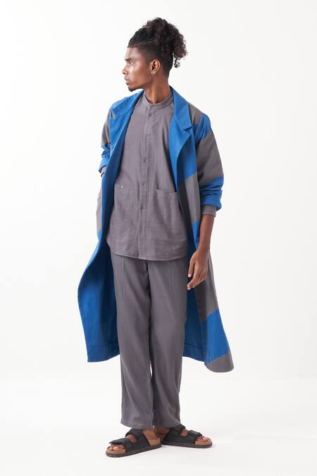 Buy Three Grey Melange Embroidered Stripes Diagonal Panel Long Jacket Pant Set Online at Aza Fashions Buy_Three_Grey Melange Embroidered Stripes Diagonal Panel Long Jacket Pant Set _Online_at_Aza_Fashions