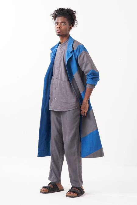 Shop Three Grey Melange Embroidered Stripes Diagonal Panel Long Jacket Pant Set Online at Aza Fashions Shop_Three_Grey Melange Embroidered Stripes Diagonal Panel Long Jacket Pant Set _Online_at_Aza_Fashions